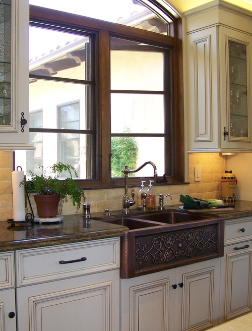 Copper Farmhouse Sink with Emporador Dark Marble and Antique White Cabinets